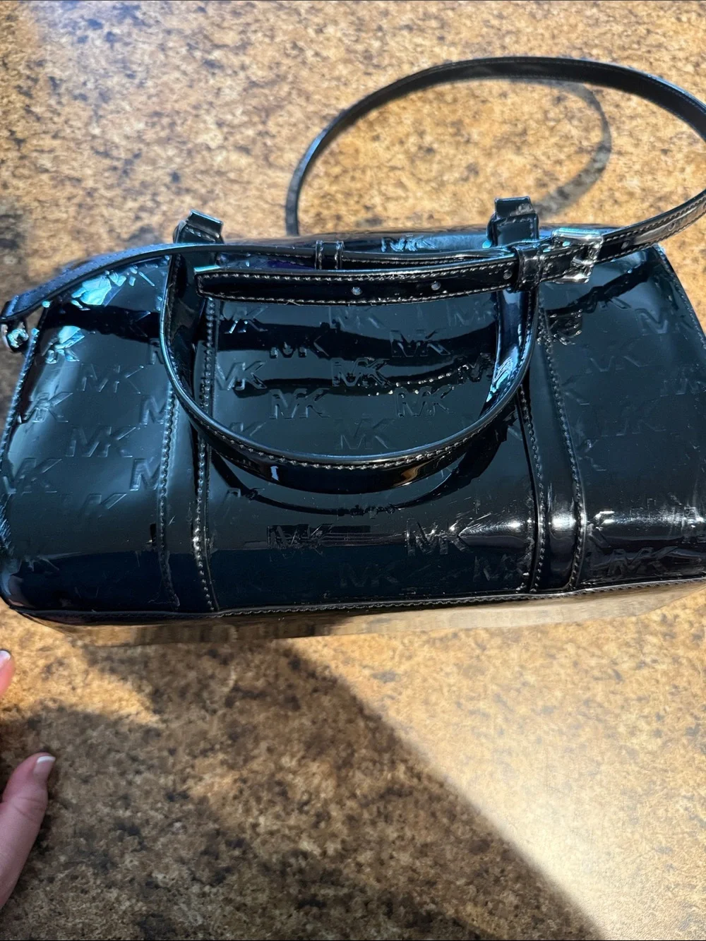 Michael Kors Black Patent Dome Satchel with MK Embossing